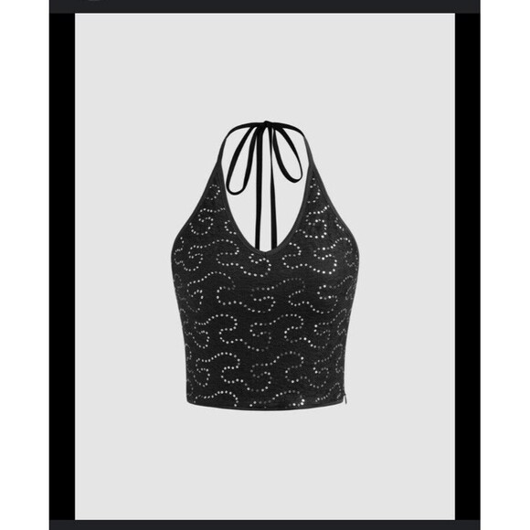 Cider Sequin Cropped Halter Top Women's XL Black Silver Rockerchic Punk Glamgoth - Picture 1 of 13